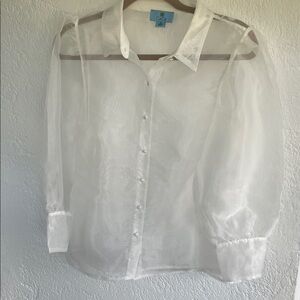 CeCe NWOT Womens Completely Sheer White Button-Up Blouse Medium